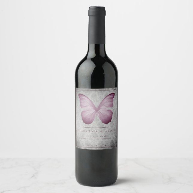 Pink Vintage Butterfly Damask Wedding Wine Label (Front)