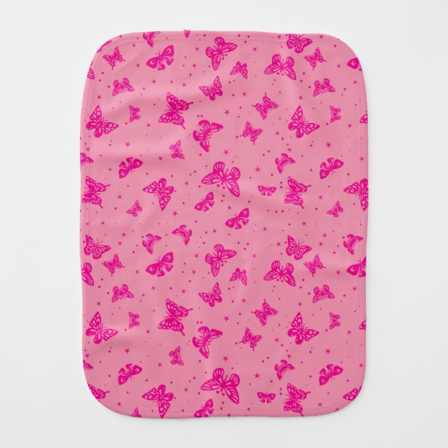 Pink vintage butterfly motif pattern baby burp cloth (Front)