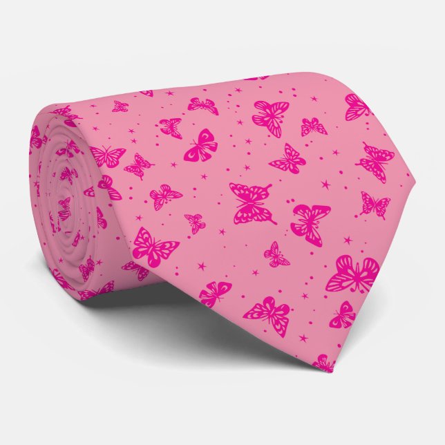 Pink vintage butterfly motif pattern neck tie (Rolled)