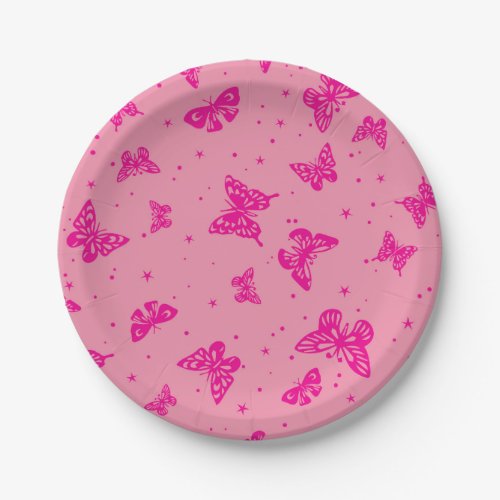 Pink vintage butterfly motif pattern paper plates