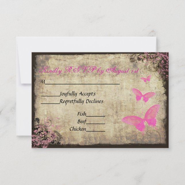 Pink Vintage Butterfly Wedding RSVP Card (Front)