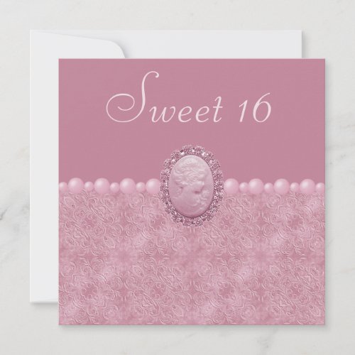 Pink Vintage Cameo  Pearls Sweet 16 Invitation