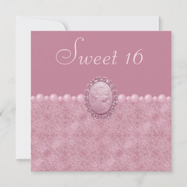 Pink Vintage Cameo & Pearls Sweet 16 Invitation (Front)