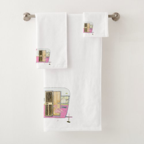 Pink Vintage Camper Trailer Bath Towel Set