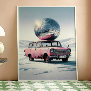 Pink Vintage Car with Disco Ball Art Print