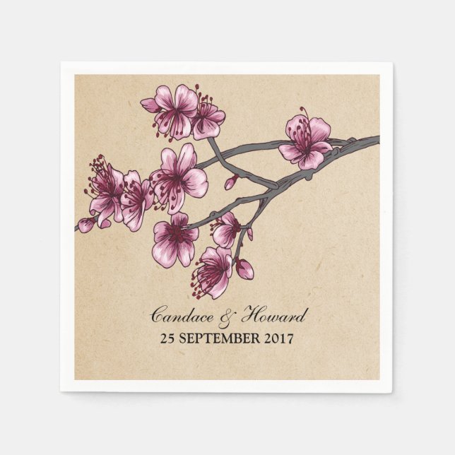 Pink Vintage Cherry Blossoms Paper Napkins (Front)