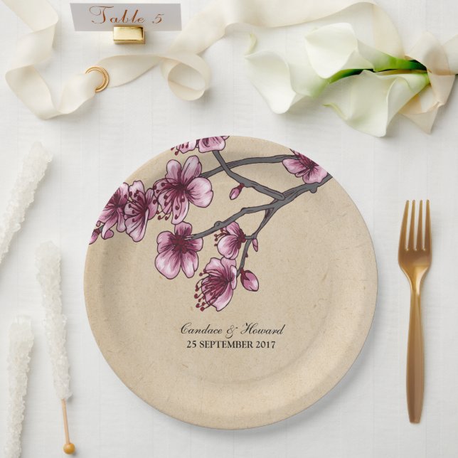 Pink Vintage Cherry Blossoms Paper Plates (Wedding)