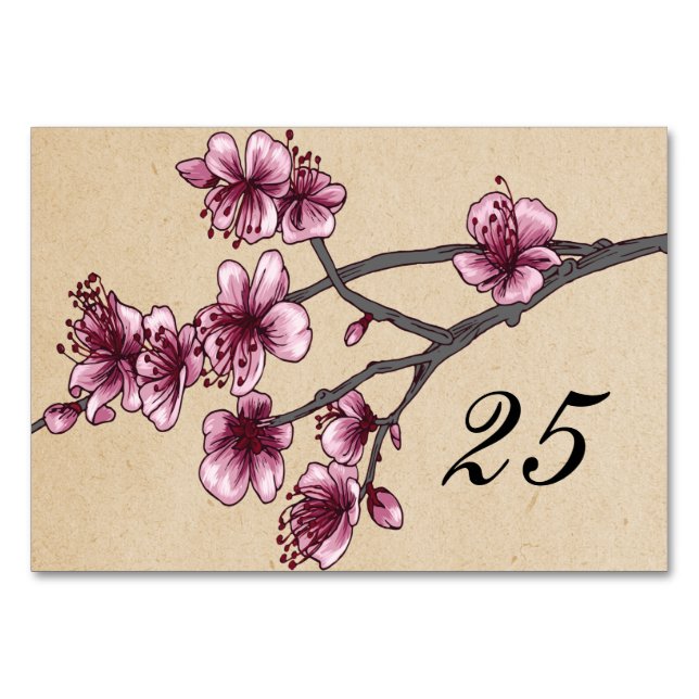 Pink Vintage Cherry Blossoms Table Card (Front)