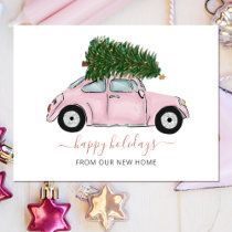 Pink Vintage Christmas Car Weve Moved Holiday Card