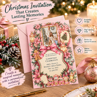 Pink Vintage Christmas Family Celebration Invitati Invitation