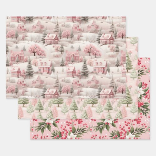 Pink Vintage Christmas Holiday Winter Snow  Wrapping Paper Sheets