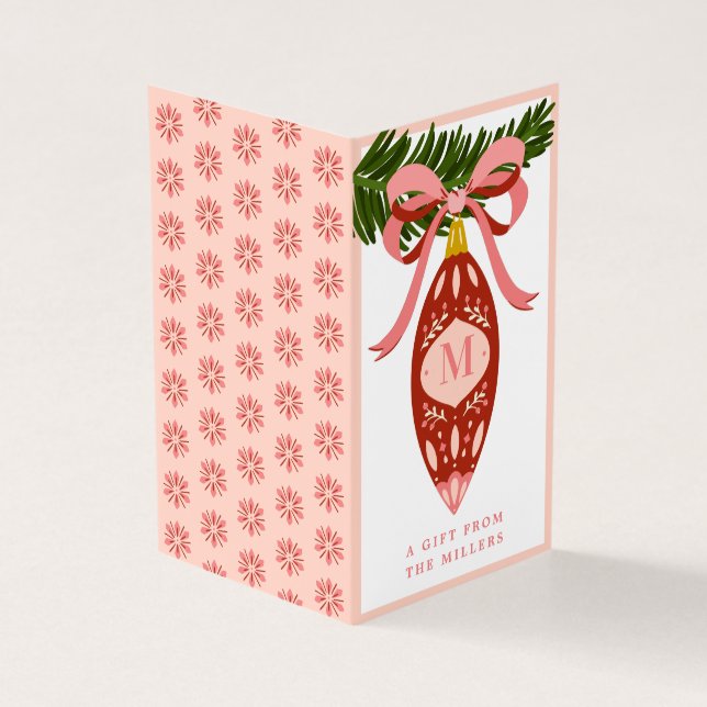 Pink Vintage Christmas Ornament Monogram Gift Tag (Outside)