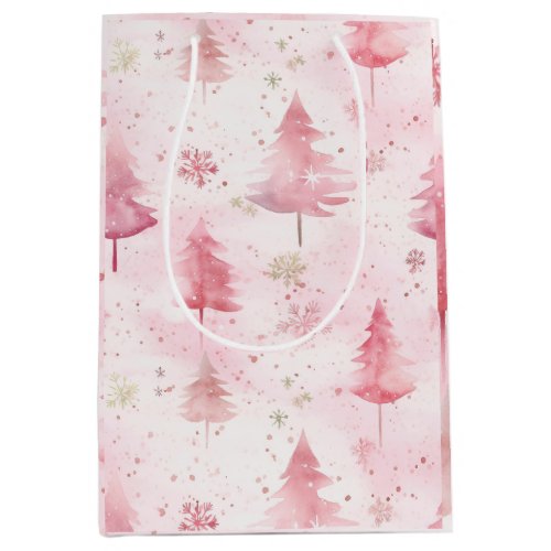 Pink Vintage Christmas Pine Trees Medium Gift Bag