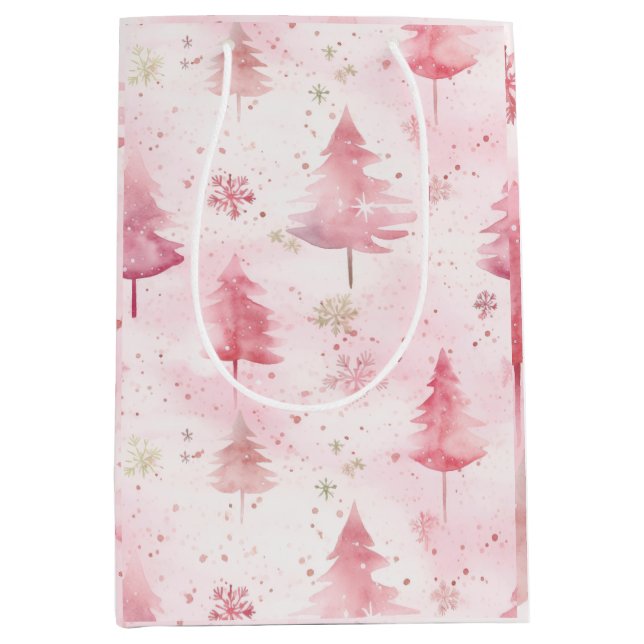 Pink Vintage Christmas Pine Trees Medium Gift Bag (Front)