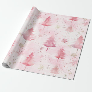 Pink Vintage Christmas Pine Trees Wrapping Paper