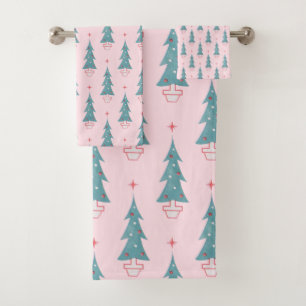 Pink Vintage Christmas Tree Christmas Pattern Bath Towel Set