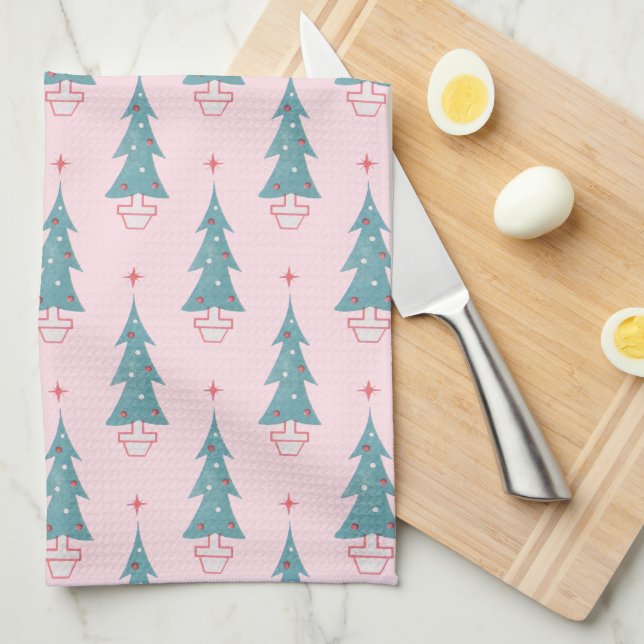Pink Vintage Christmas Tree Christmas Pattern Kitchen Towel (Quarter Fold)