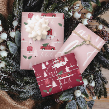 Pink Vintage Christmas Tree Farm Scenery Wrapping Paper Sheets by moodthology at Zazzle