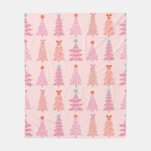 Pink Vintage Christmas Trees Fleece Blanket