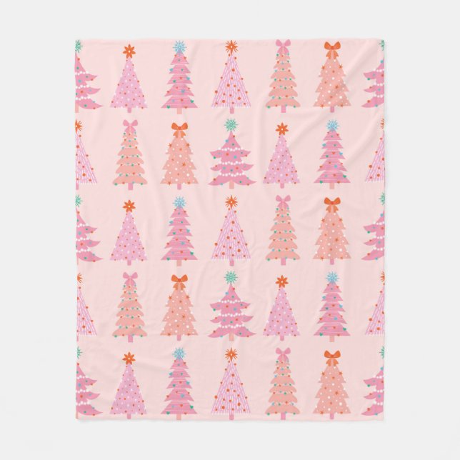 Pink Vintage Christmas Trees Fleece Blanket (Front)