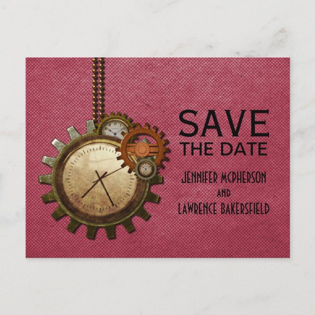 Pink Vintage Clock Save the Date Postcard (Front)