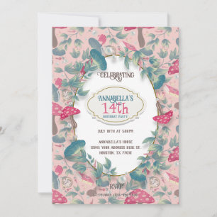 Pink Vintage Cottagecore Mushroom Birthday Invitation