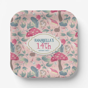 Pink Vintage Cottagecore Mushroom Birthday Paper Plates