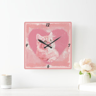 Pink Vintage Cute Kitten Heart Square Wall Clock