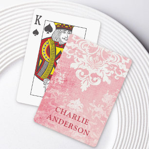 Pink vintage damask floral custom name poker cards