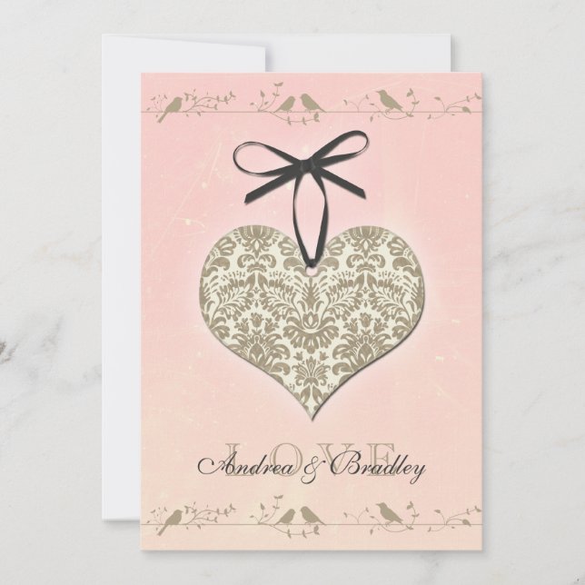 Pink Vintage Damask Heart Wedding Invitation (Front)