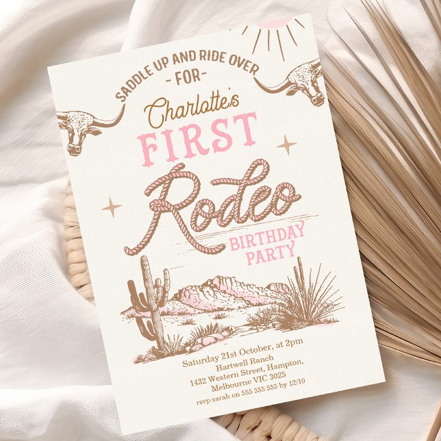 Pink Vintage Desert First Rodeo 1st Birthday  Invitation (Vintage Pink Girls First Rodeo Birthday Invitation, Pink Cowgirl Wild West, Western 1st Birthday Cow)