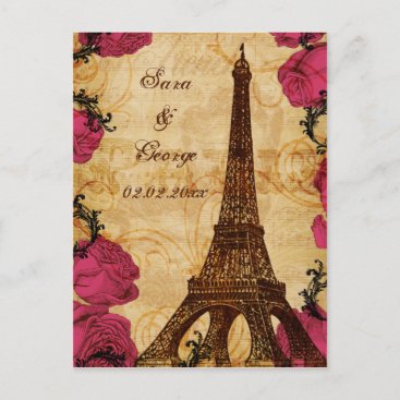 Pink vintage eiffel tower Paris save the date Announcement Postcard