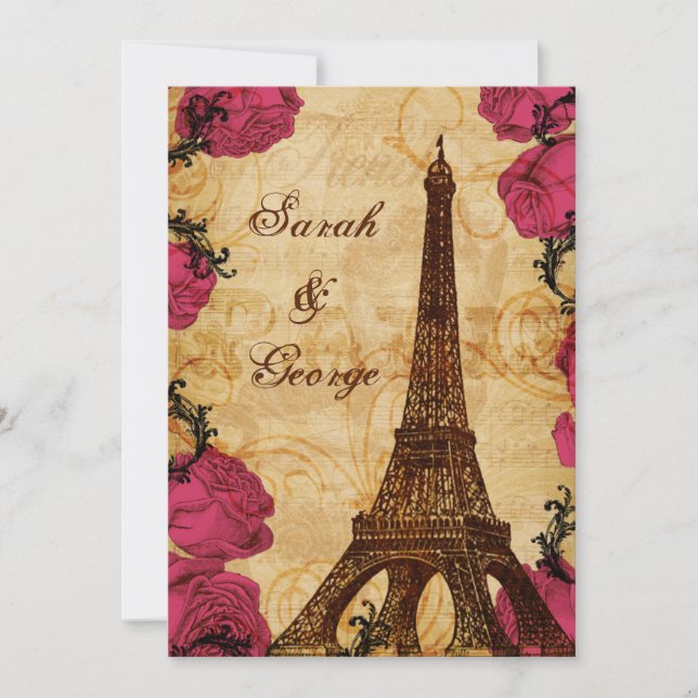 Pink vintage eiffel tower Paris thank you Invitation (Front)