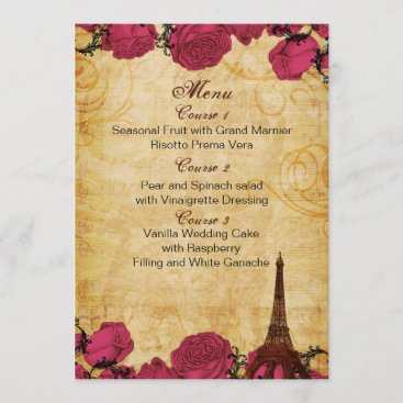 Pink vintage eiffel tower Paris wedding menu cards