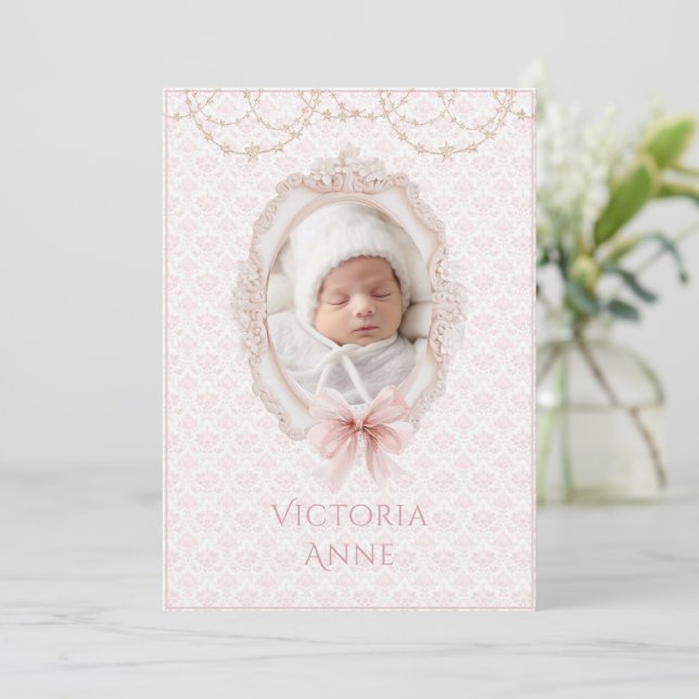 Pink Vintage Elegant Baby Girl Birth Announcement (Standing Front)