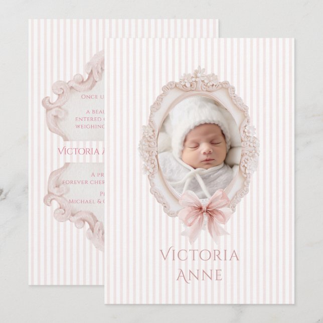Pink Vintage Elegant Baby Girl Birth Announcement (Front/Back)