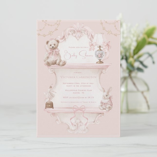 Pink Vintage Elegant Baby Shower Invitation (Standing Front)