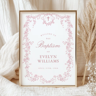 Pink Vintage Elegant Floral Baptism Welcome Poster