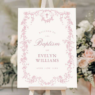 Pink Vintage Elegant Floral Baptism Welcome Poster