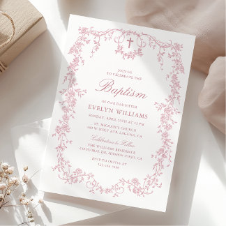Pink Vintage Elegant Floral Girl Baptism Photo Invitation