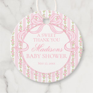 Pink Vintage Fancy Floral Baby Shower Circle Favor Tags
