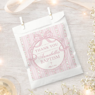 Pink Vintage Fancy Floral Baptism Dessert Favor Bag