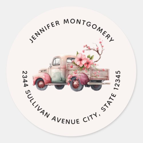 Pink Vintage Farmers Truck Address Classic Round Sticker