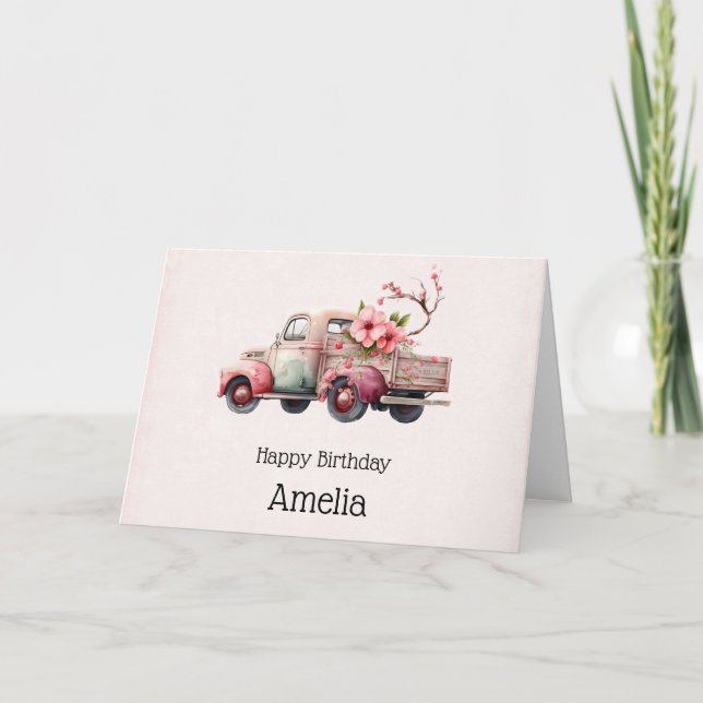Pink Vintage Farmer's Truck Birthday Card (Front)