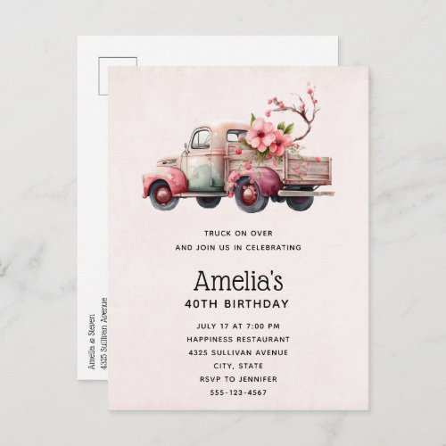 Pink Vintage Farmers Truck Birthday Invitation Postcard