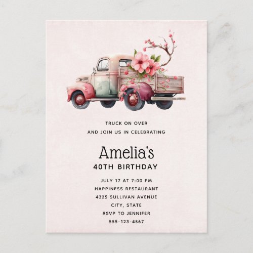 Pink Vintage Farmers Truck Birthday Invitation Postcard
