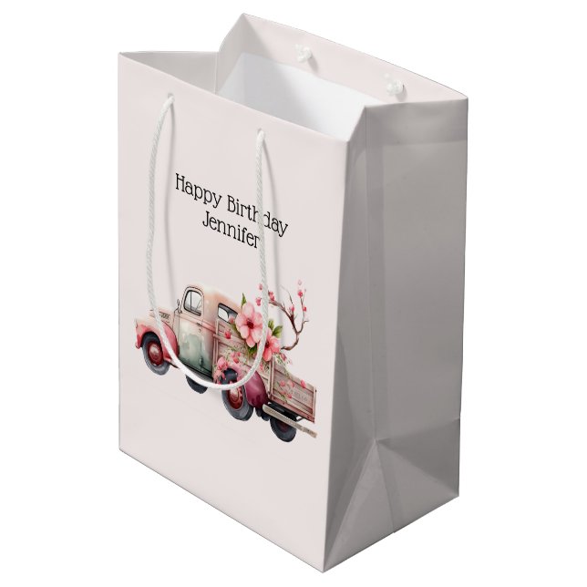 Pink Vintage Farmer's Truck Birthday Medium Gift Bag (Back Angled)