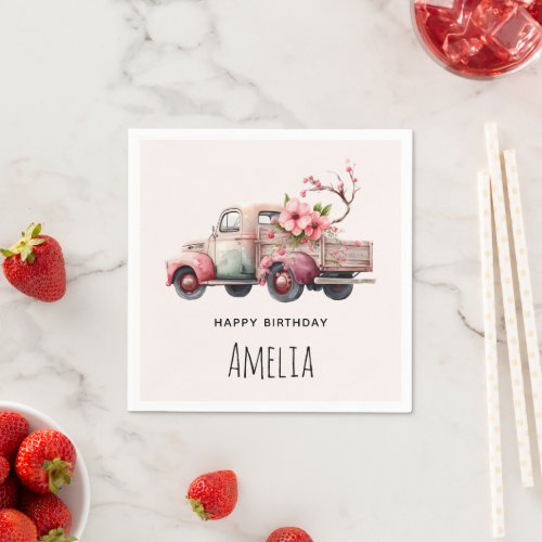 Pink Vintage Farmers Truck Birthday Napkins