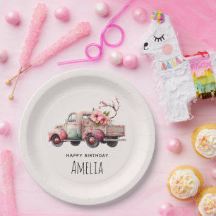 Pink Vintage Farmer's Truck Birthday Paper Plates