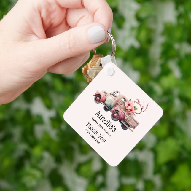 Pink Vintage Farmer's Truck Birthday Thank You Keychain (Hand)